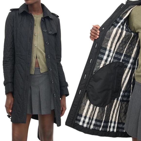 Burberry Coat Black Parka Long Diamond Quilted Puffer Jacket Nova Check US 8 - Picture 1 of 12